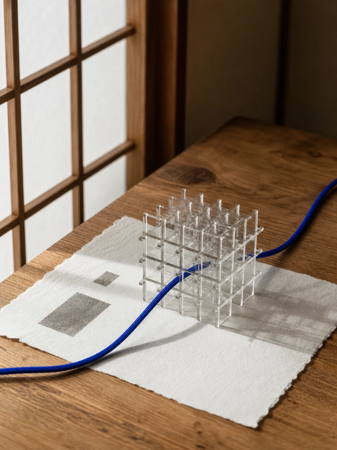 和紙と透明な格子を一本の青い線がつなぐ、AI導入支援を表したビジュアル