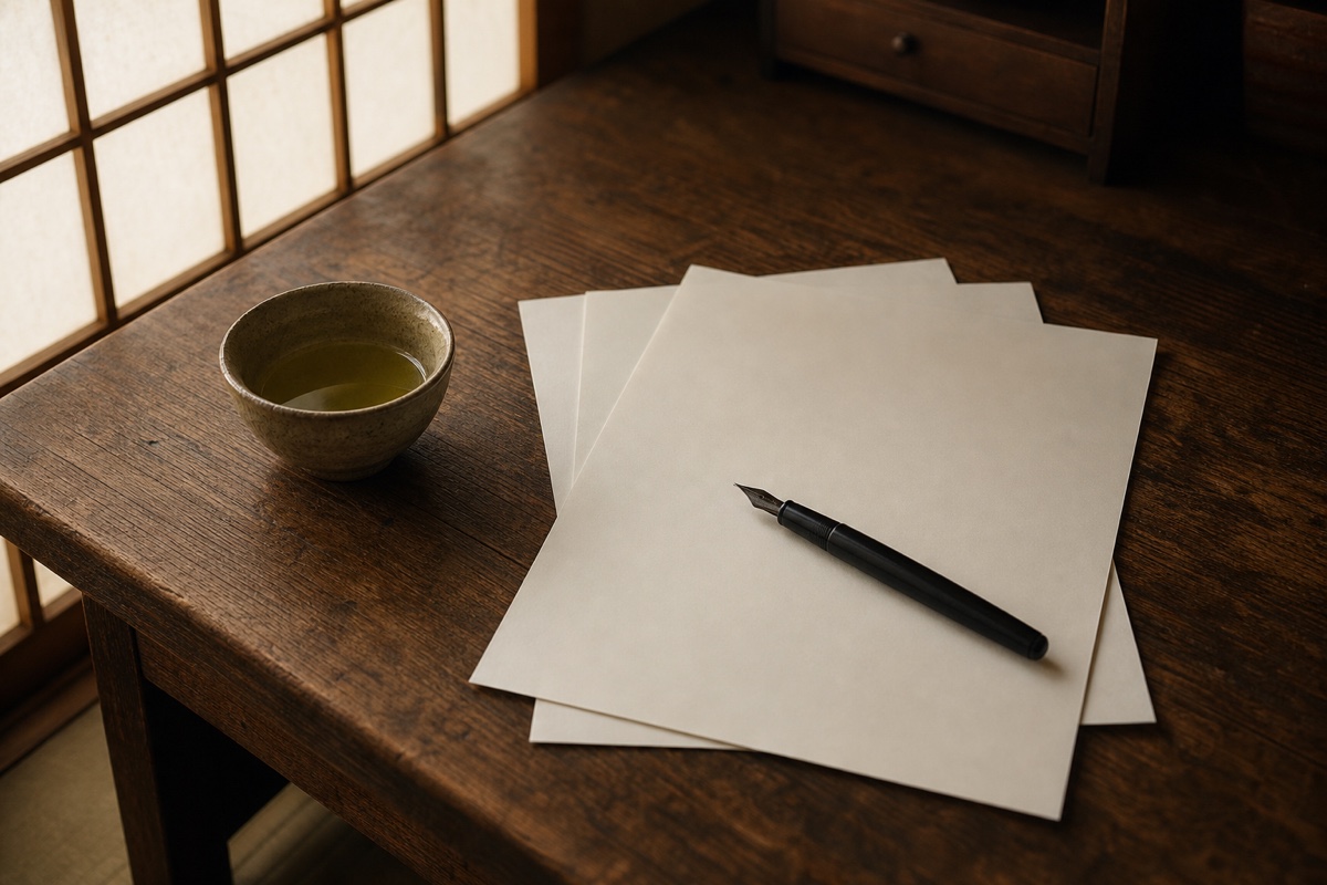 障子から光が入る木の机に、白紙と万年筆、湯のみが置かれた仕事場のイメージ