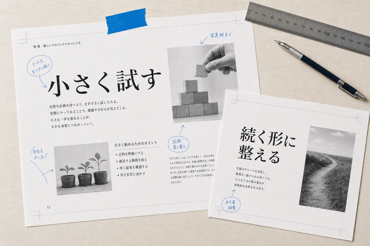 誌面校正中の編集部の机。小さく試す・続く形に整える