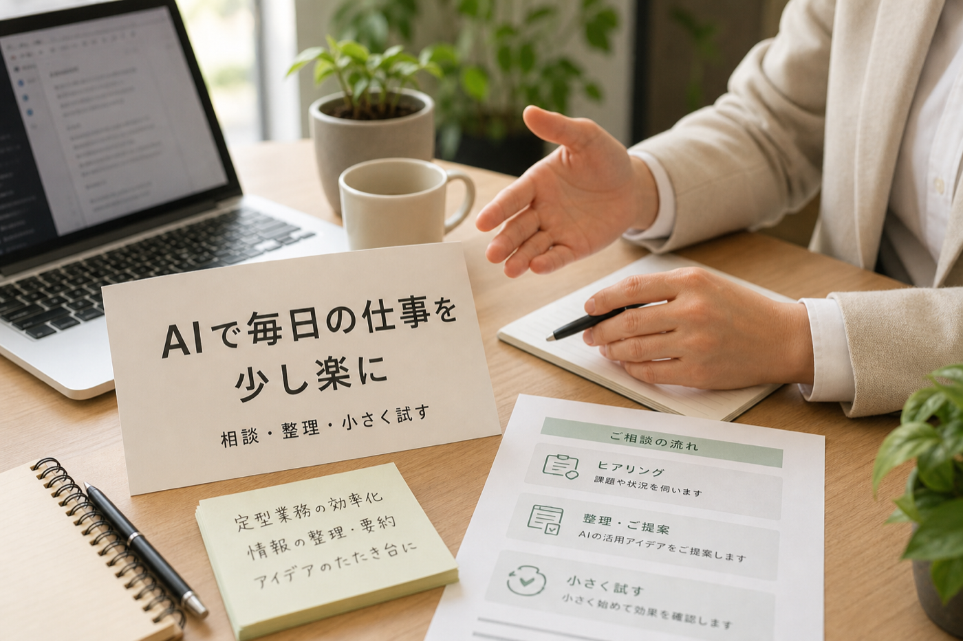 AIで毎日の仕事を少し楽に。相談・整理・小さく試す流れを示した資料写真